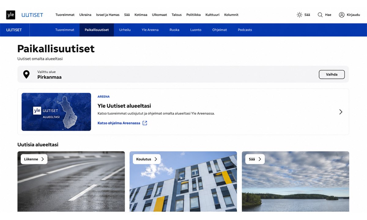 Yle Areena uutiset-osio ja aluevalinta