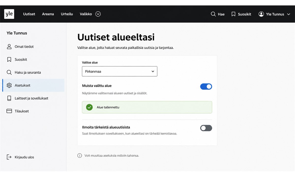 Kirjautuminen Yle-tunnuksella ja alueen tallentaminen