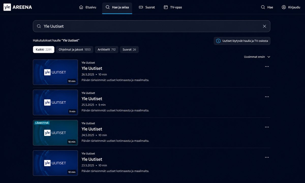Yle Areena uutiset-osio tuoreimmat lähetykset