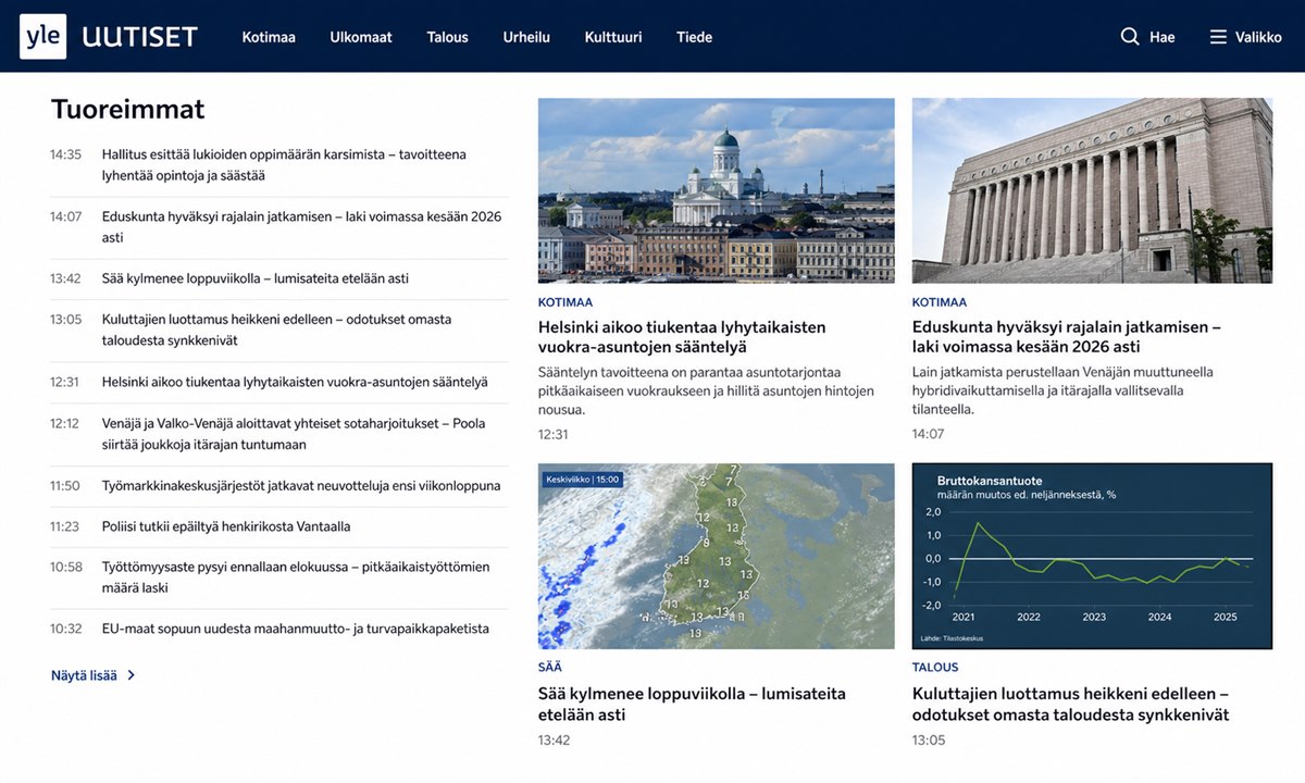 Yle Uutiset verkkosivusto tuoreimmat artikkelit