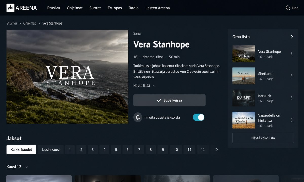 Vera Stanhope sarjan tallentaminen suosikkeihin Yle Areenalla