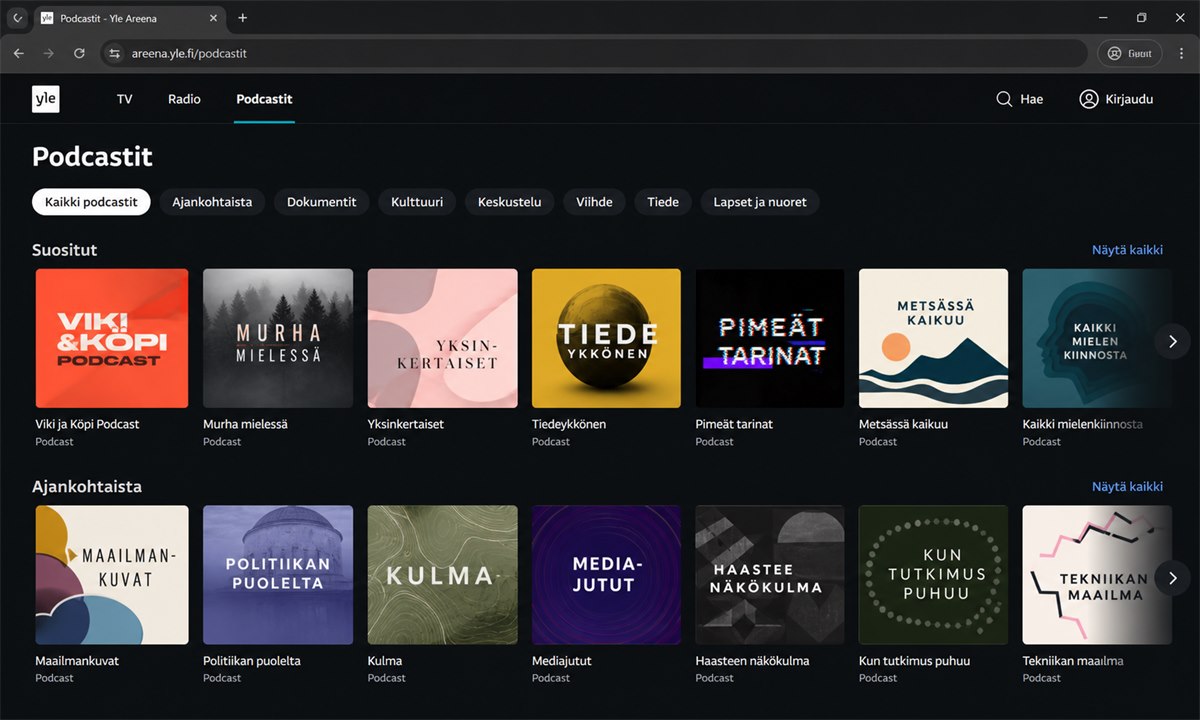 Yle Areena avattu podcast-kuuntelua varten