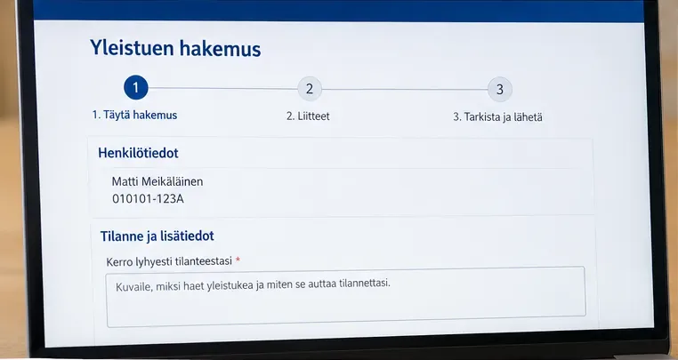 Havainnekuva yleistukihakemuksen täyttämisestä ja liiteosiosta tietokoneen näytöllä