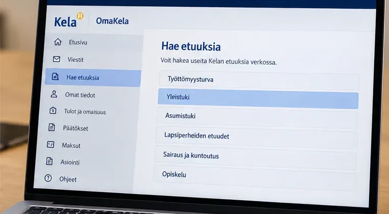 Havainnekuva OmaKelan etuusvalinnasta, jossa yleistuki näkyy hakemisen kohteena