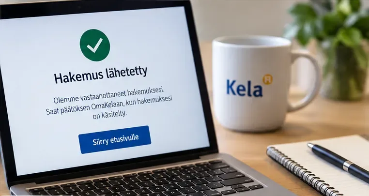Havainnekuva hakemuksen lähettämisen vahvistuksesta kannettavan tietokoneen näytöllä