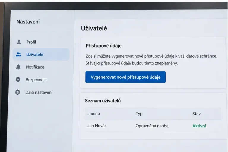 Nastavení datové schránky v části Uživatelé s volbou pro vydání nových přístupových údajů.