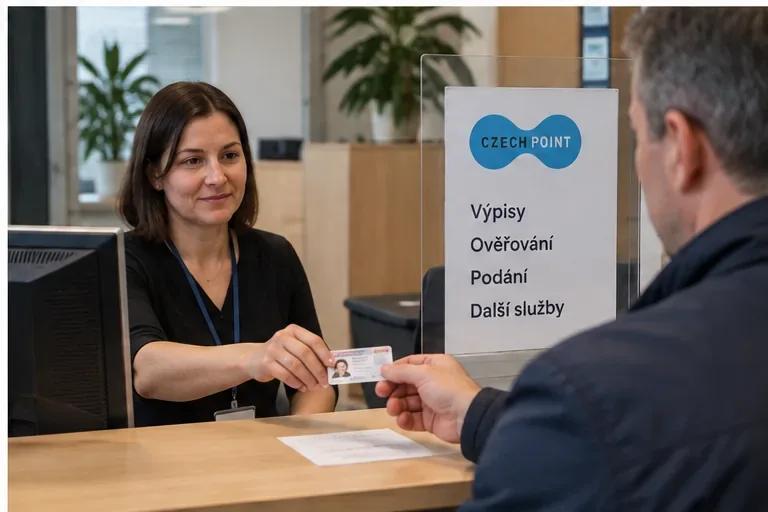 Klient předává doklad totožnosti pracovnici u přepážky Czech POINT.