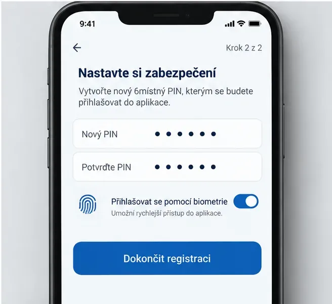 Ilustrační obrazovka nastavení nového PINu a biometrického přihlášení při nové registraci eDokladů