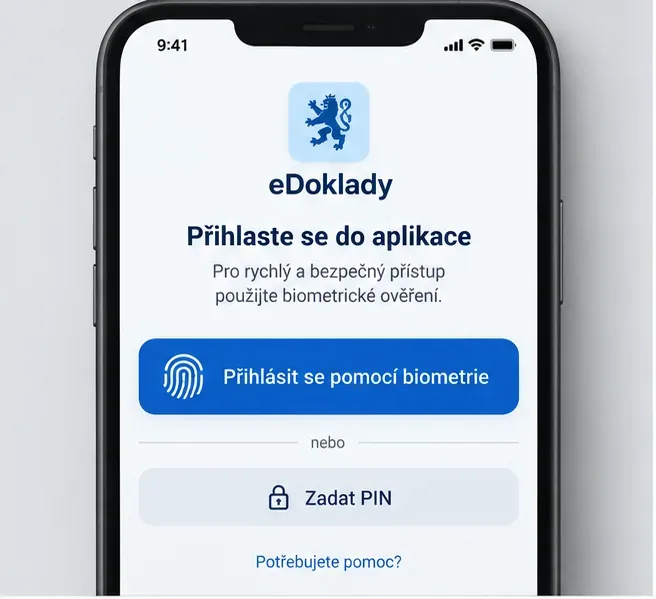 Ilustrační obrazovka přihlášení do eDokladů s volbou biometrie a zadání PINu