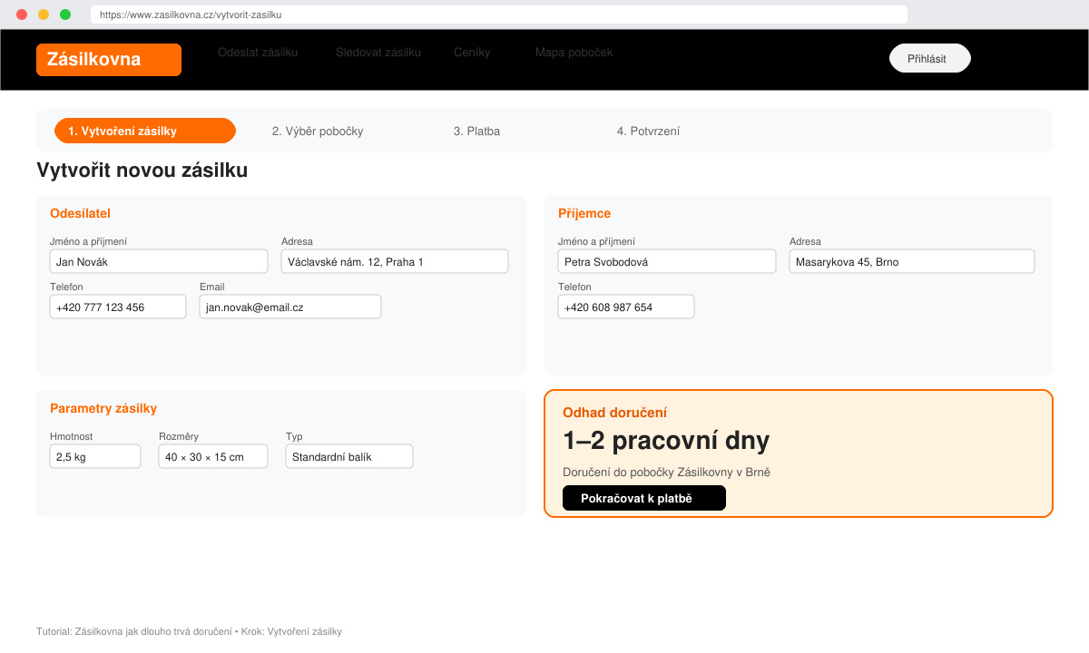 Vytvoření zásilky na webu Zásilkovny s odhadem doručení