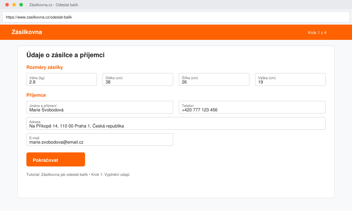 Screenshot of the Zásilkovna web form for creating a shipment with fields for dimensions and recipient details filled in
