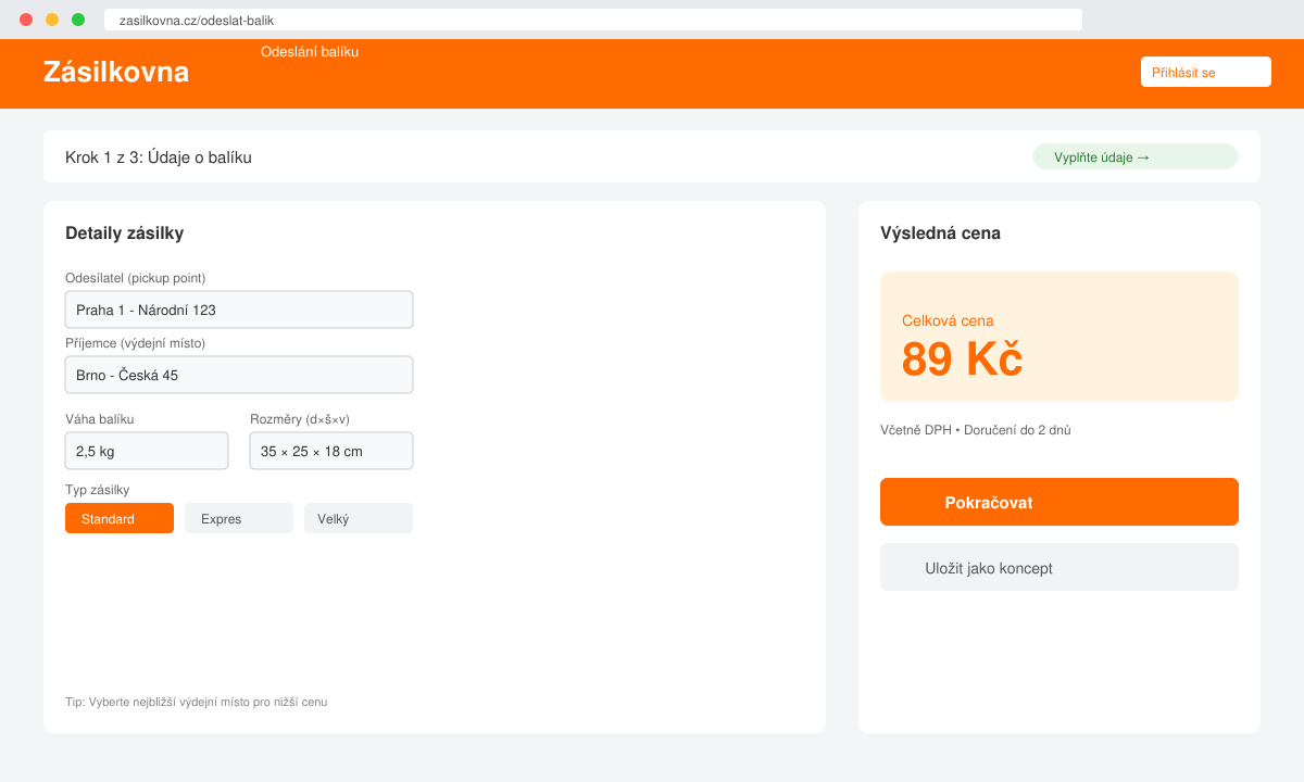 Snímek obrazovky s formulářem pro zadání údajů o balíku a zobrazenou cenou
