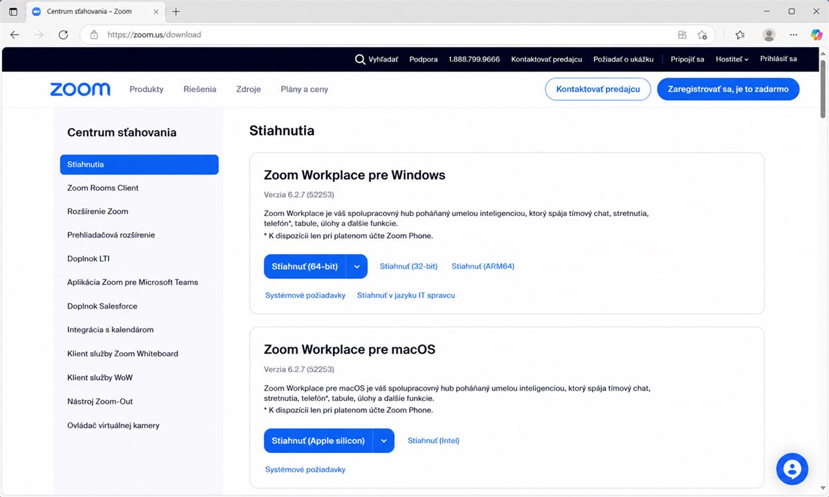 Stránka zoom.us/download s tlačidlom na stiahnutie