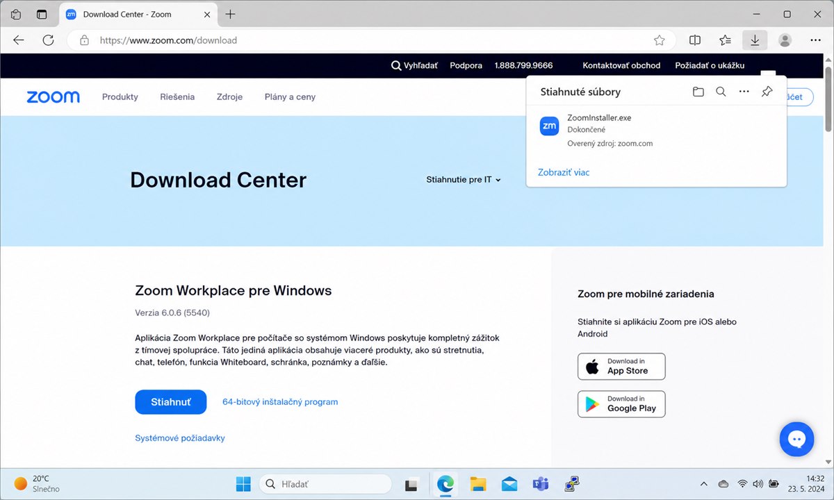 Sťahovanie súboru ZoomInstaller.exe na Windows