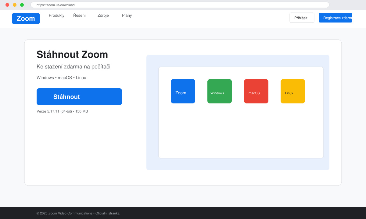 Stránka pro Zoom ke stažení zdarma na Windows