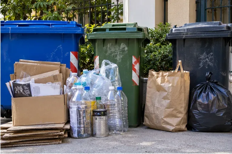 Χαρτόνια, πλαστικά μπουκάλια και σακούλες διαχωρισμένα μπροστά από διαφορετικούς κάδους