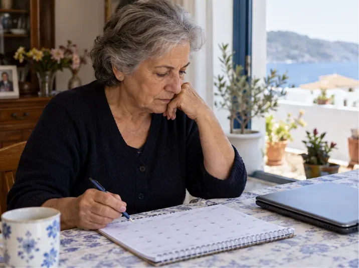 Ηλικιωμένη γυναίκα σημειώνει σε χάρτινο ημερολόγιο δίπλα σε κλειστό φορητό υπολογιστή, πριν ελέγξει την επίσημη ανακοίνωση πληρωμών