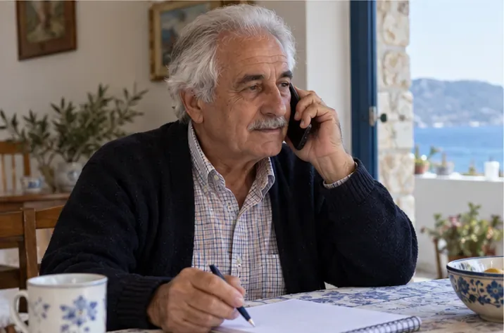 Ηλικιωμένος άνδρας μιλά στο τηλέφωνο και κρατά σημειώσεις σε τραπέζι, χωρίς ορατά στοιχεία υπηρεσίας ή πραγματικής υπόθεσης