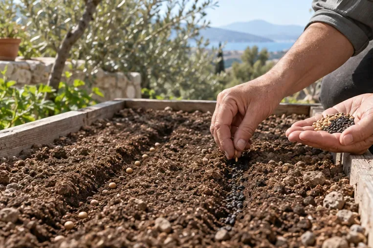 Χέρια σκορπούν σπόρους σε αφράτο χώμα υπερυψωμένου παρτεριού με φόντο μεσογειακό κήπο