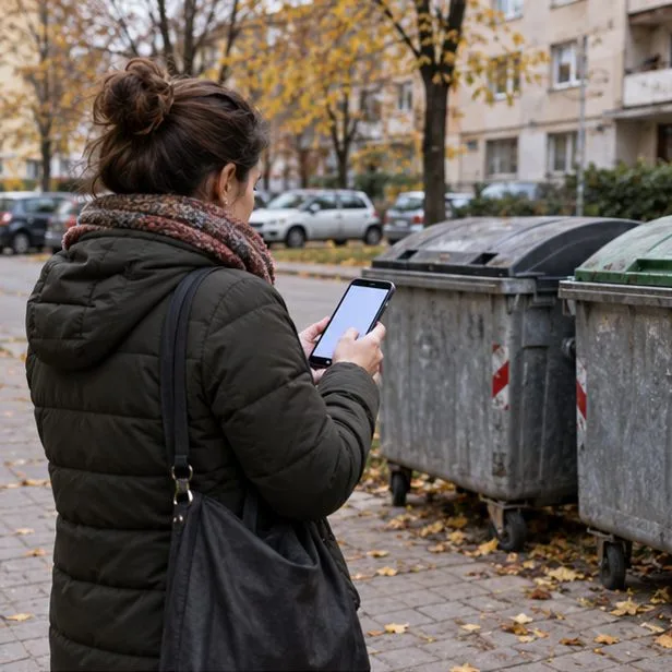 Жена проверява информация на смартфон до контейнери за битови отпадъци в жилищен квартал.