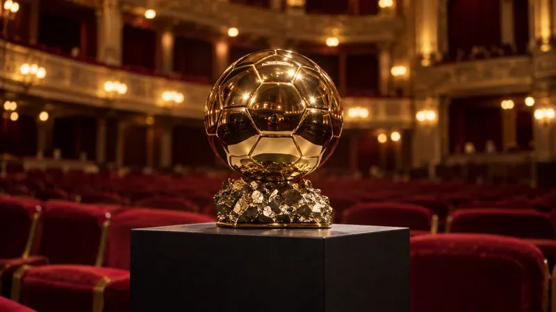 Et gullfarget fotballtrofé står på et mørkt podium foran røde teaterseter i varmt scenelys.