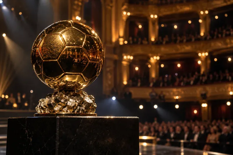 Zlatá fotbalová trofej na tmavém pódiu, za níž jsou vidět rozostřené balkony a diváci v divadle.