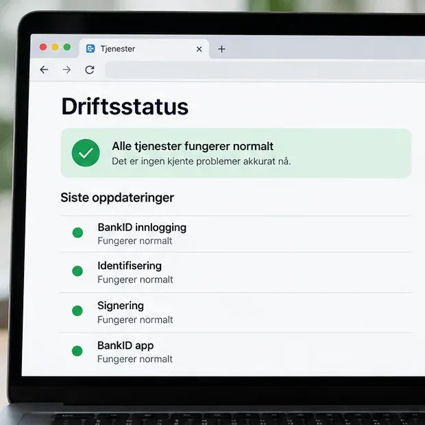 Bærbar datamaskin med eksempel på en driftsstatusside, grønne indikatorer og liste over tjenester