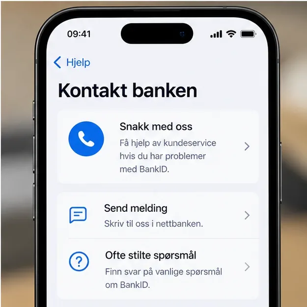 Smarttelefon med eksempelmeny for å kontakte bankens kundeservice via samtale, melding eller hjelpeside