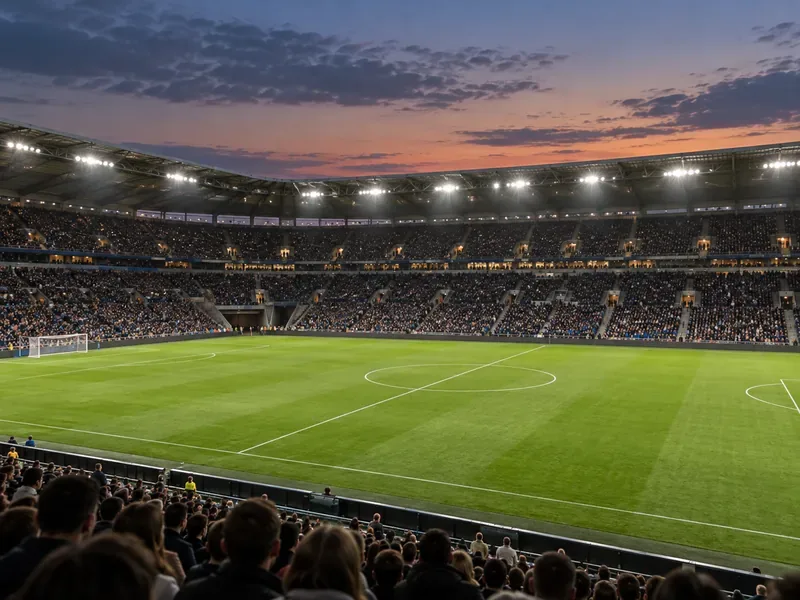 Et oplyst fodboldstadion ved skumring med grøn bane, midtercirkel og tilskuere på tribunerne.