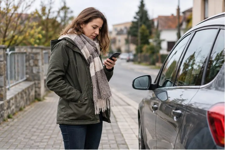 Žena stojí vedle zaparkovaného auta a před cestou kontroluje telefon.