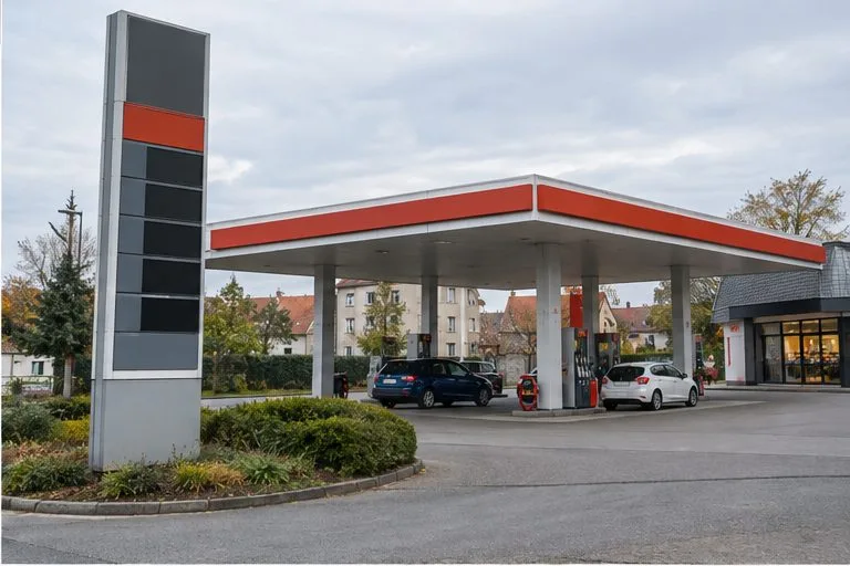 Tmavý informační totem stojí u vjezdu na čerpací stanici.