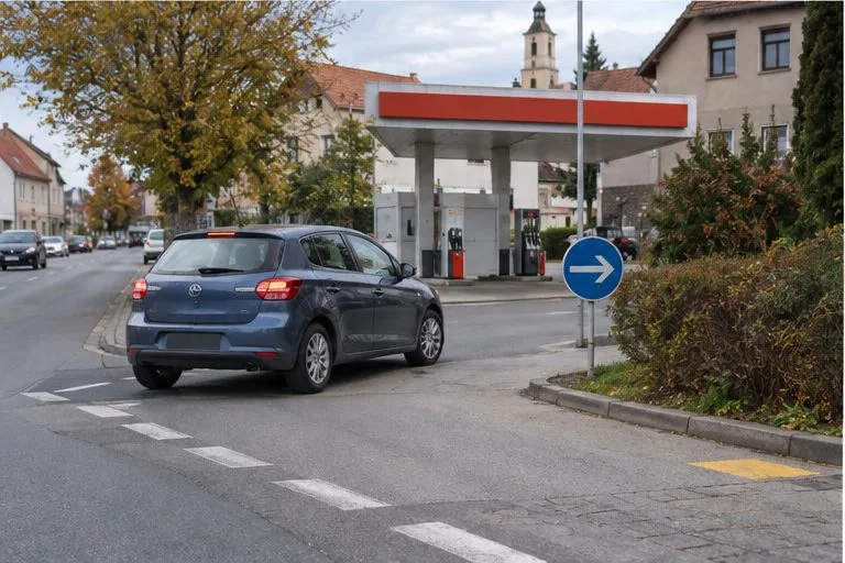 Modré auto odbočuje z městské silnice k malé čerpací stanici.