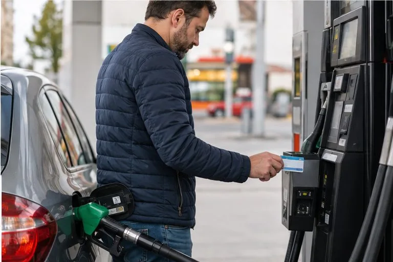 Řidič přikládá platební kartu k terminálu u stojanu při tankování zaparkovaného auta.
