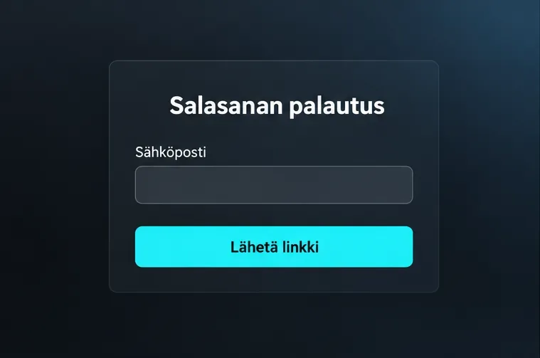 Salasanan palautuksen esimerkkilomake, jossa näkyvät sähköpostikenttä ja Lähetä linkki -painike.