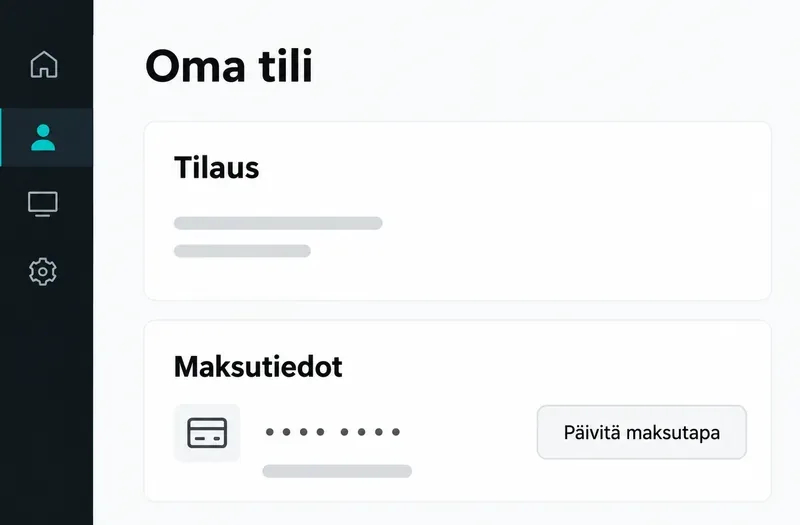 Oma tili -esimerkkisivulla näkyvät Tilauksen ja Maksutietojen osiot sekä Päivitä maksutapa -painike.