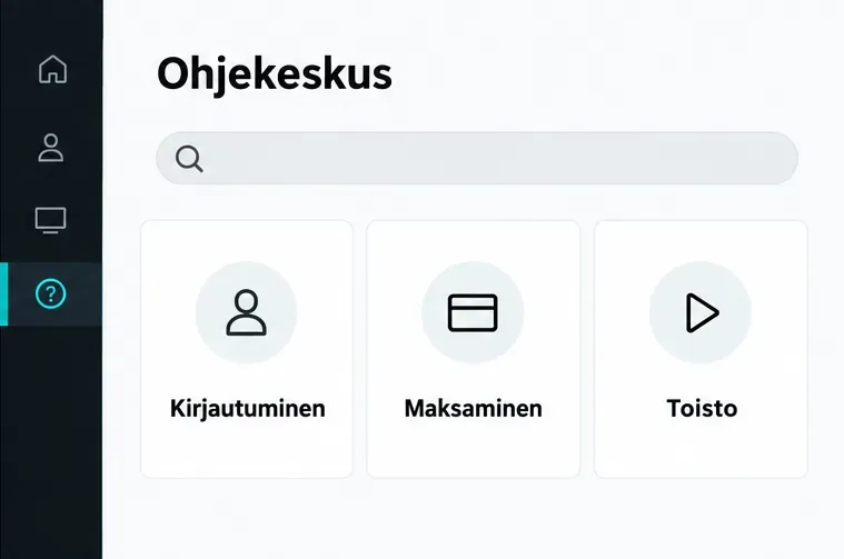 Ohjekeskuksen esimerkkisivulla on hakukenttä sekä kirjautumisen, maksamisen ja toiston aihealueet.