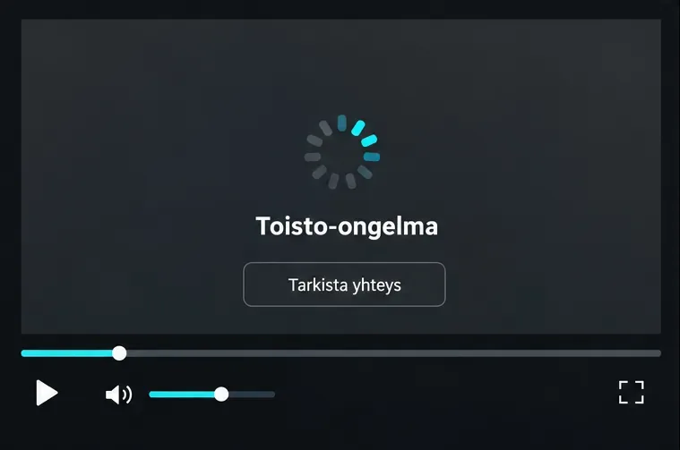 Toistimen tumma esimerkkiruutu, jossa näkyvät latausmerkki, Toisto-ongelma-teksti ja Tarkista yhteys -painike.