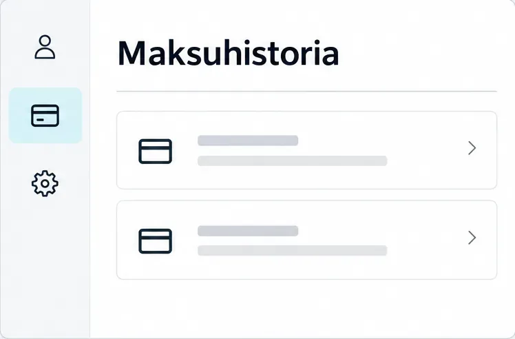 Maksuhistorian esimerkkisivulla näkyy otsikko ja kaksi maksutapahtuman rivikorttia ilman henkilötietoja tai summia.