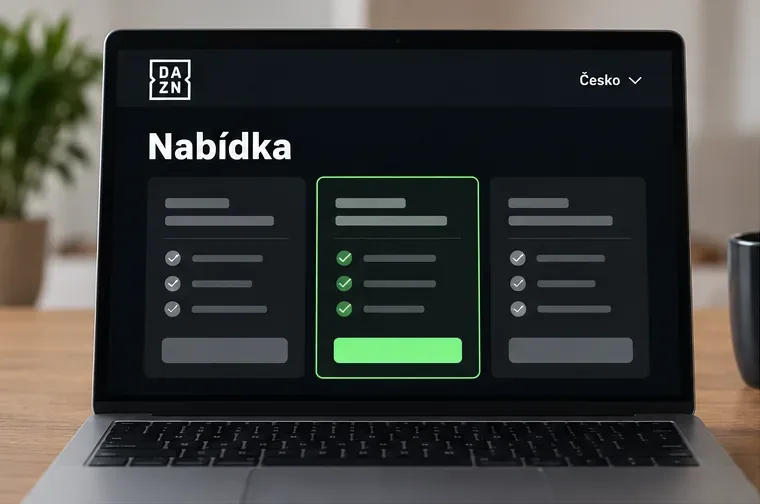 Notebook s českou stránkou DAZN a několika kartami nabídky bez uvedených cen