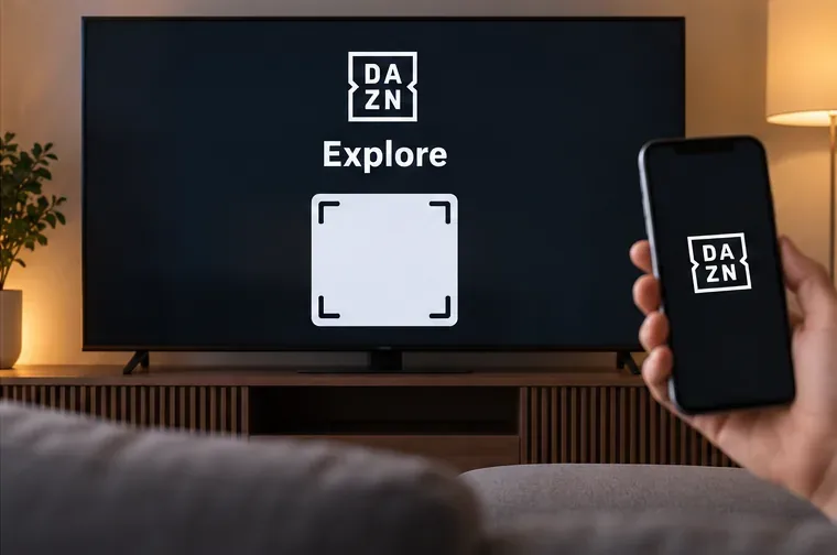 Televizor s obrazovkou DAZN Explore a prázdným polem pro párovací kód, vedle něj mobilní telefon