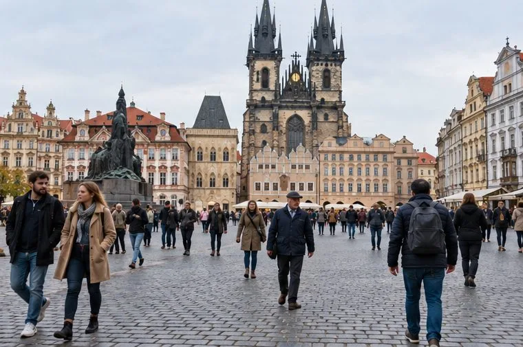 Chodci procházejí Staroměstským náměstím v běžném denním provozu.