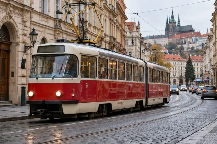 Červenobílá pražská tramvaj projíždí historickou ulicí mezi městskými domy.