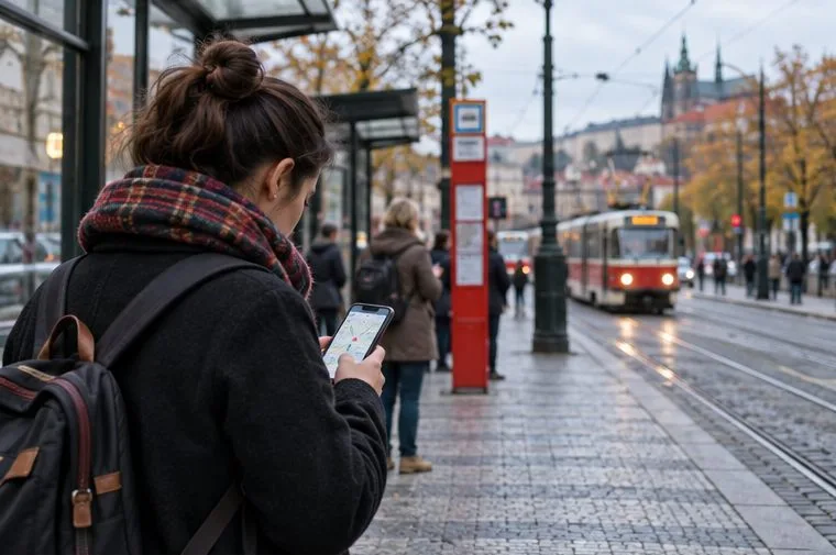 Cestující u pražské tramvajové zastávky kontroluje trasu na telefonu, v pozadí přijíždí tramvaj.
