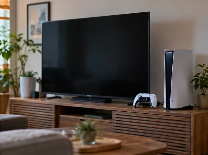 En TV, PlayStation 5-konsoll og kontroller i en stue