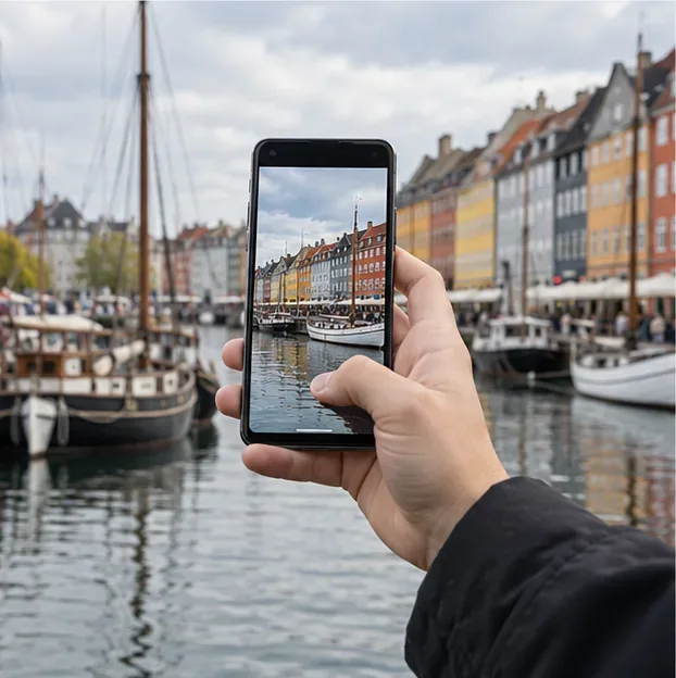 En hånd fotograferer havnebygninger med en smartphone.