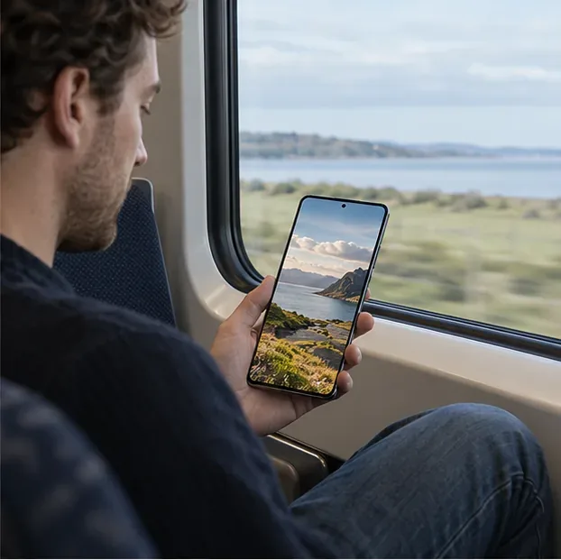En pendler ser på et landskabsfoto på en stor smartphone ved et togvindue.