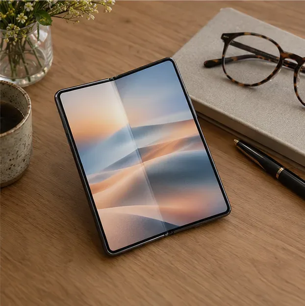 En foldbar smartphone står åben på et skrivebord og viser et farvefoto.