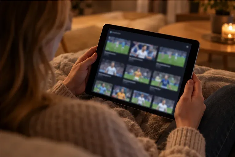 En person holder en tablet med et generisk bibliotek af fodboldvideoer på skærmen.