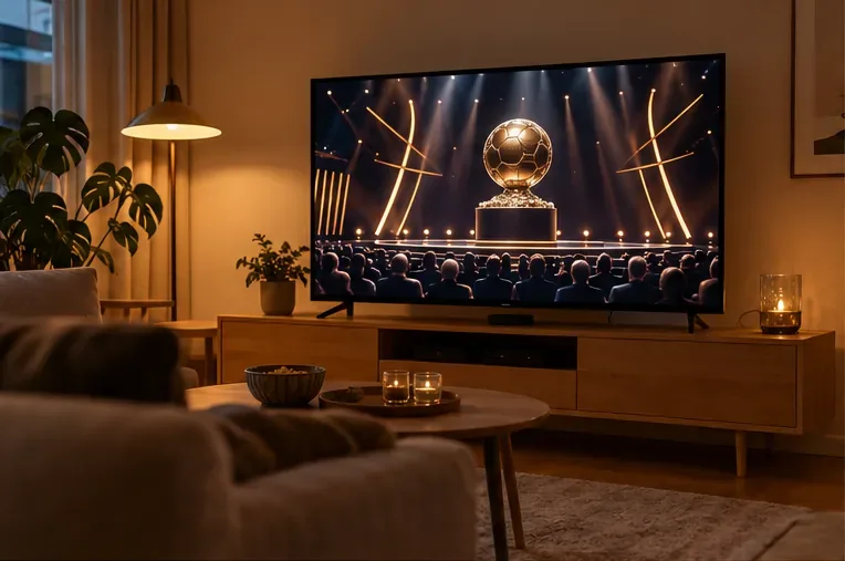 Et tv i en dansk stue viser en generisk scene fra en fodboldprisuddeling med en gylden bold på scenen.
