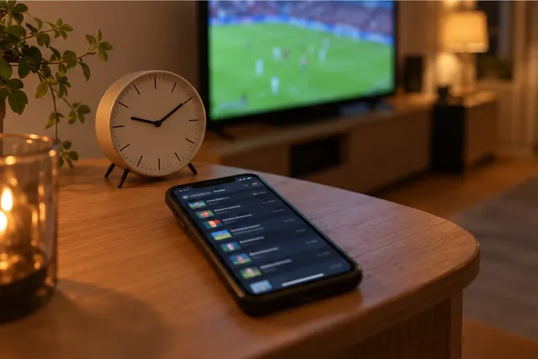 En smartphone med en generisk programoversigt ligger ved siden af et analogt ur, mens fodbold vises sløret på et tv i baggrunden.